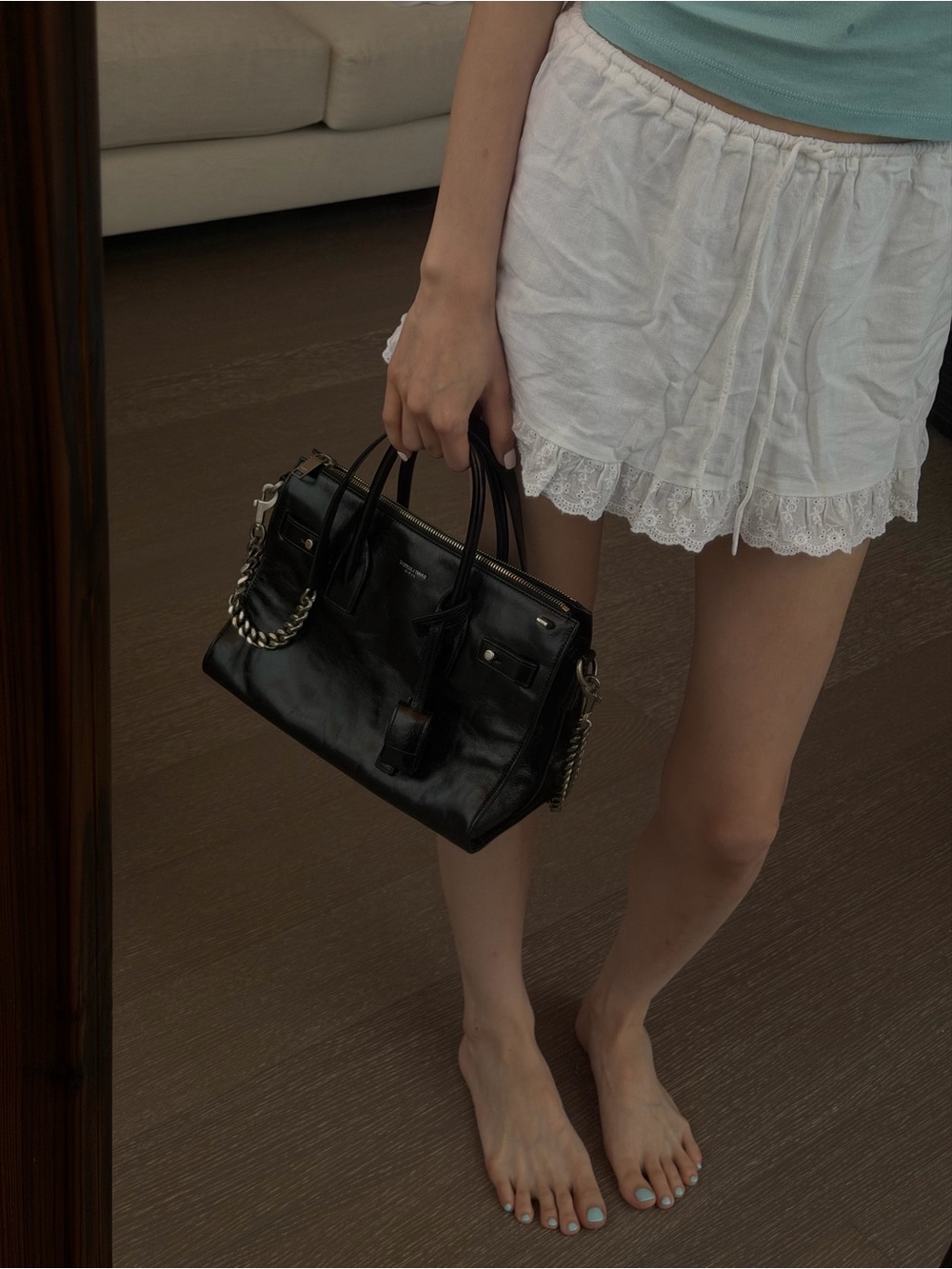 Saint Laurent YSL Black Glossy Calfskin Top Handle Chain Bag